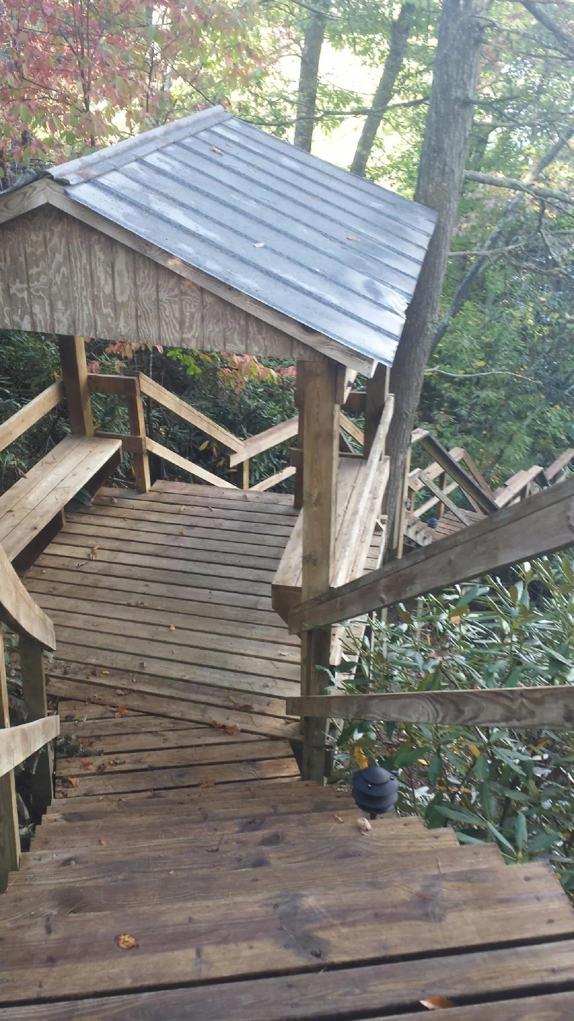 Metal roofed shelter over wooden steps on a wooded walkway — Skylight Repair & Installation work by our crew in Pine Mountain Valley