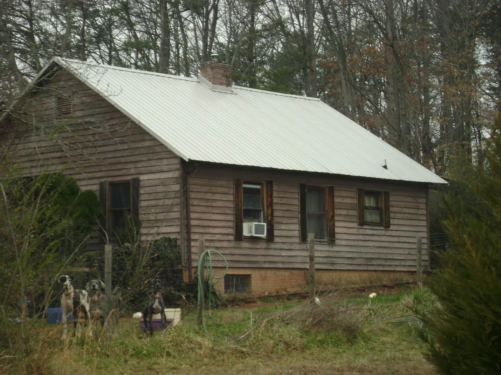 White metal roof on an old wood sided farmhouse, from a Asphalt Shingle Roof Repair job in Pine Mountain Valley